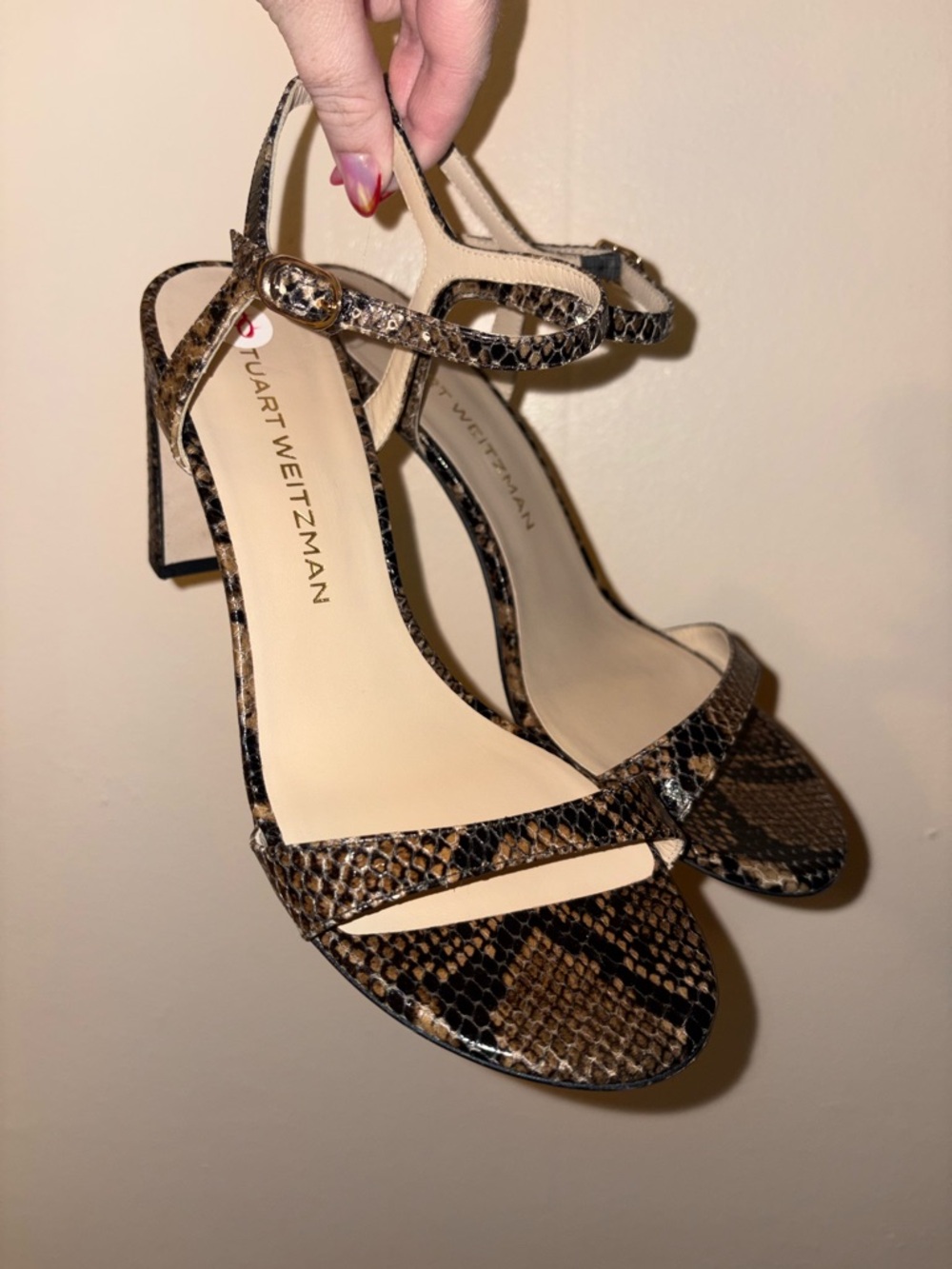Stuart Weitzman Brown Snake-Print Heeled Ankle-Strap Sandals